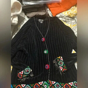 Berek Chenile Cardigan Sweater Sz xl Black‎ Beaded Southwest Holiday Vintage